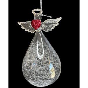 Blown Glass Angel Ornament Teardrop 5" Clear With Red Heart Glitter Wings Tinsel